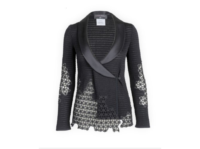 Veste en crochet au col en soie Chanel Coton Rayon Noir  ref.100598