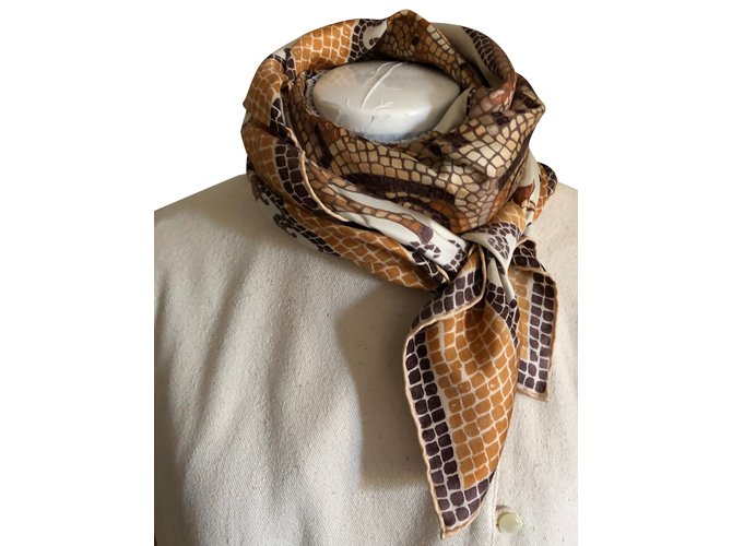 Autre Marque Square scarf NEPTUNE Silk Print finished hand Brown Beige Eggshell  ref.100642