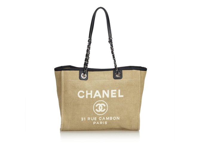 Chanel Kleine Deauville-Tasche Braun Schwarz Beige Leder Leinwand Tuch  ref.100780