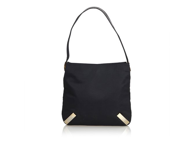 Fendi Canvas Shoulder Bag with Embossed Leather Strap Black Cloth Cloth  ref.100898