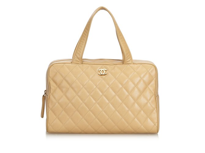Chanel Quilted Caviar Boston Bag Brown Beige Leather  ref.100948