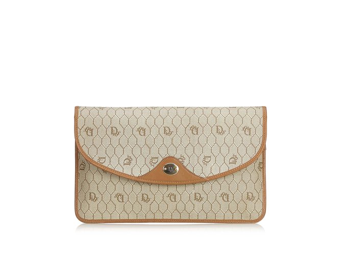 Dior Honeycomb Coated Canvas Clutch Bag Brown Beige Leather Cloth Cloth  ref.100951