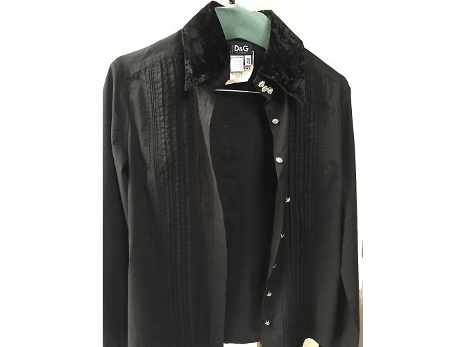 Dolce & Gabbana Camisa de algodón con botones de strass y cuello de terciopelo Negro