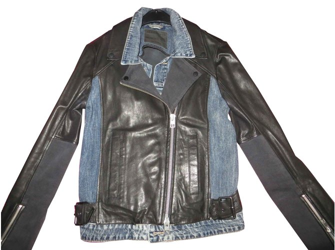 Jeans Perfecto Leather e All Saints, Ottime condizioni Nero Blu navy Agnello Pelle  ref.101026