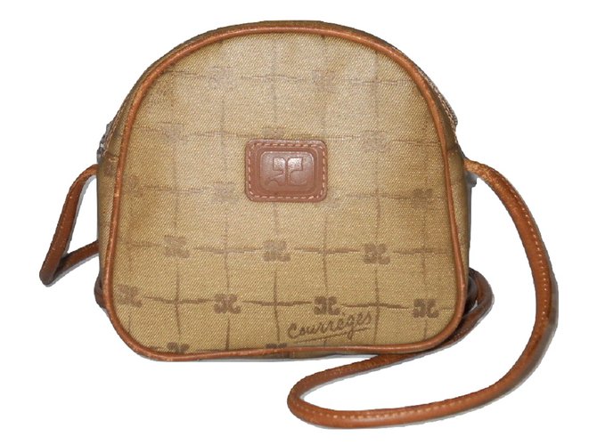 COURREGES vintage beige logo bag. Cognac Leather Cloth  ref.101356