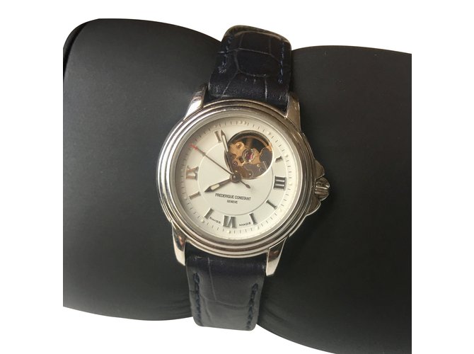 Frederique Constant Automatic watches Silvery Navy blue Leather Steel  ref.101422