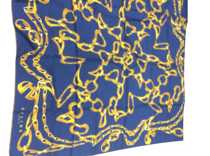 Céline Vintage silk spine square Golden Navy blue  ref.101621