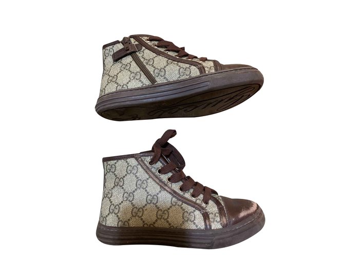 Gucci Baskets Cuir Toile Marron  ref.101665