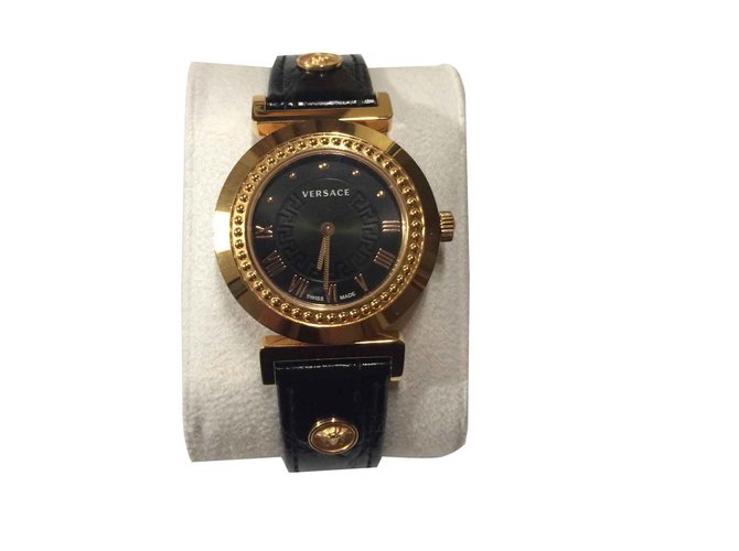 Versace Vanity relógio preto das mulheres Dourado Couro Ouro rosa  ref.101681