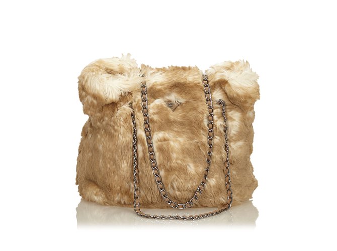Prada Faux Fur Chain Tote Bag Brown White Beige Cream Leather  -  Joli Closet