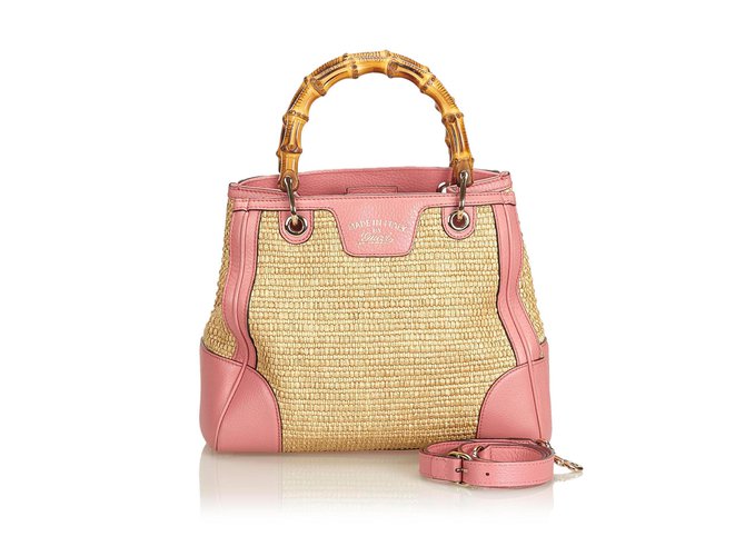 Gucci Small Bamboo Straw Satchel Brown Pink Beige Leather  ref.101910