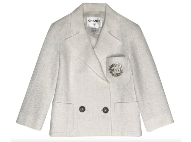 Chanel tweed style jacket CC logo White Cream Cotton  ref.102028