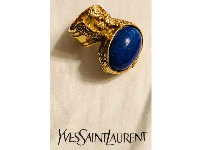 Sublime bague Yves Saint Laurent Arty Métal Résine Bleu Doré  ref.102054