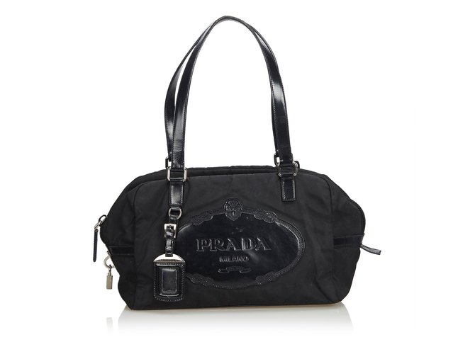 Prada Logo Nylon Handbag Black Leather Cloth  ref.102110