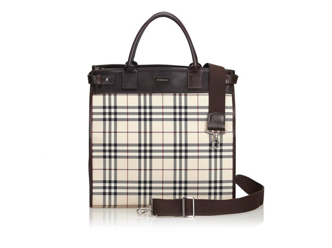 Burberry Plaid Coated Canvas Satchel Brown Multiple colors Beige Leather Cloth Cloth  ref.102124