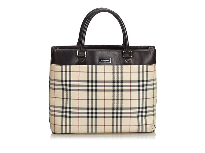 Burberry Borsa a mano in tela rivestita scozzese Marrone Multicolore Beige Pelle Panno  ref.102134