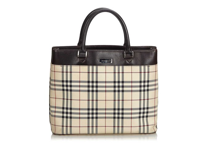 Burberry Plaid Coated Canvas Tote Bag Brown Multiple colors Beige Leather Cloth Cloth  ref.102134