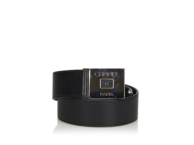 Chanel Leather Belt Black Silvery Metal  ref.102255