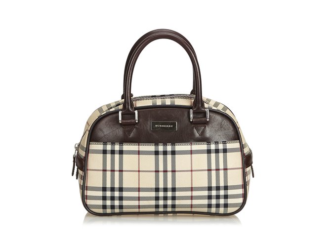 Burberry Plaid Coated Canvas Handbag Brown Multiple colors Beige Leather Cloth Cloth  ref.102271