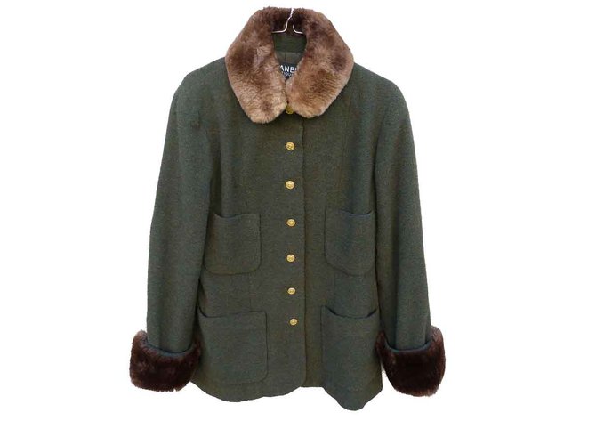 Chanel Coats, Outerwear Brown Khaki Wool Fur  ref.102332
