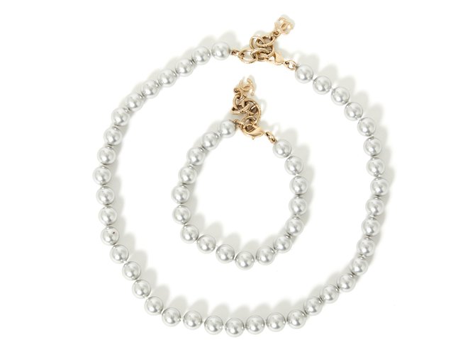 Chanel conjunto de perlas grises Metal  ref.102373