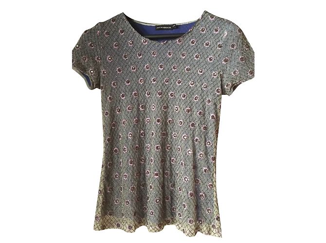 Antik Batik Top T-shirt Ricamato con Perle Rosa Blu Cotone