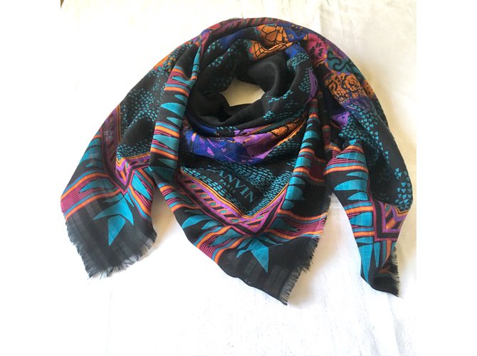 Lanvin 106x108 cm wool / silk Black Purple Turquoise  ref.102859