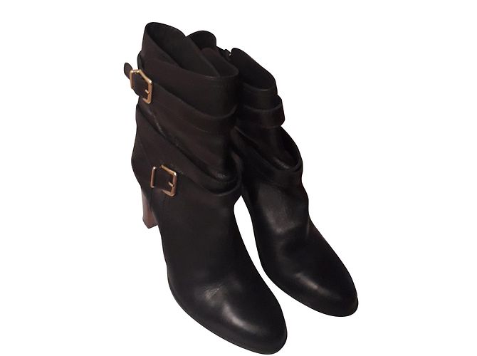 Autre Marque Black Leather Ankle Boots with Straps 9.5 cm Heel Size 40