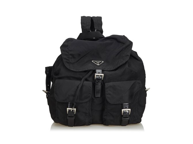 Prada Nylon Drawstring Backpack Black Leather Cloth  ref.103054