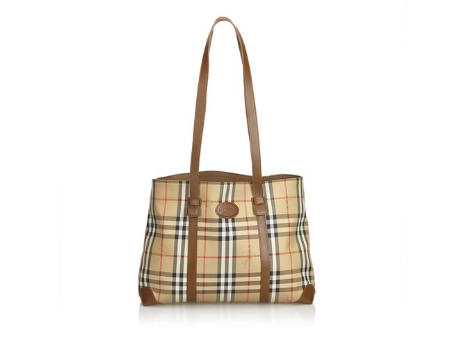 Burberry Plaid Canvas Tote Bag Brown Multiple colors Beige Leather Cloth Cloth  ref.103307