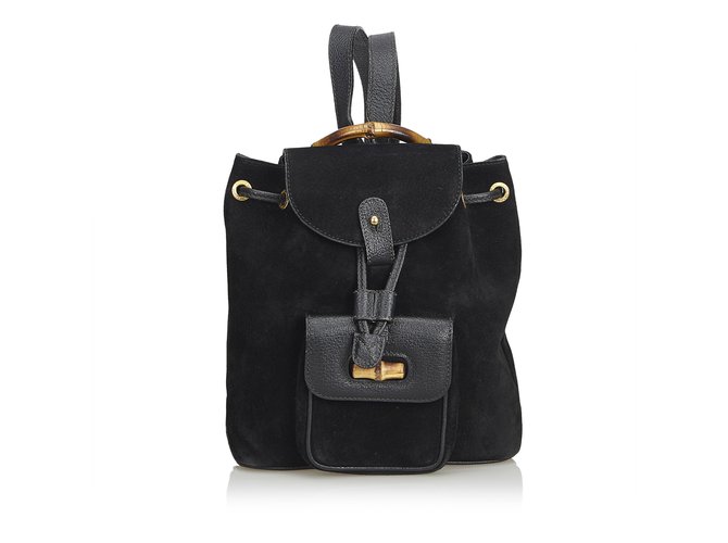 Gucci Bamboo Suede Drawstring Backpack Black Leather  ref.103556