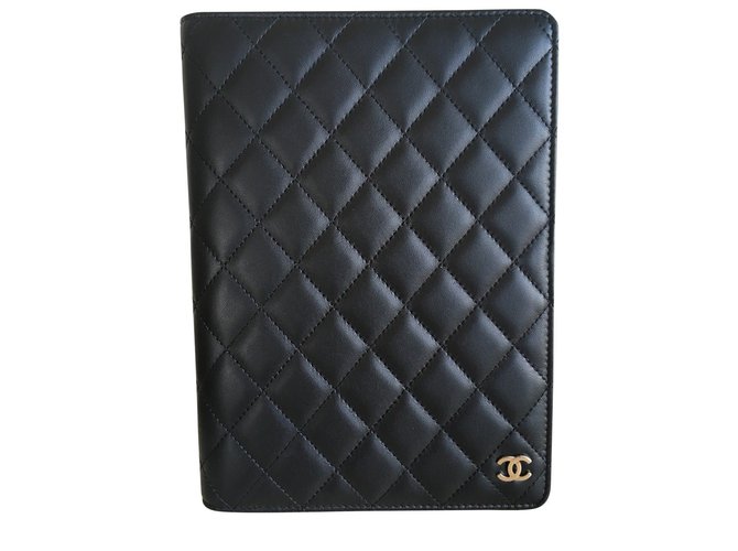 NEW CHANEL Black Caviar Leather Quilted CC Logo iPad Tablet Case Holder  Cover