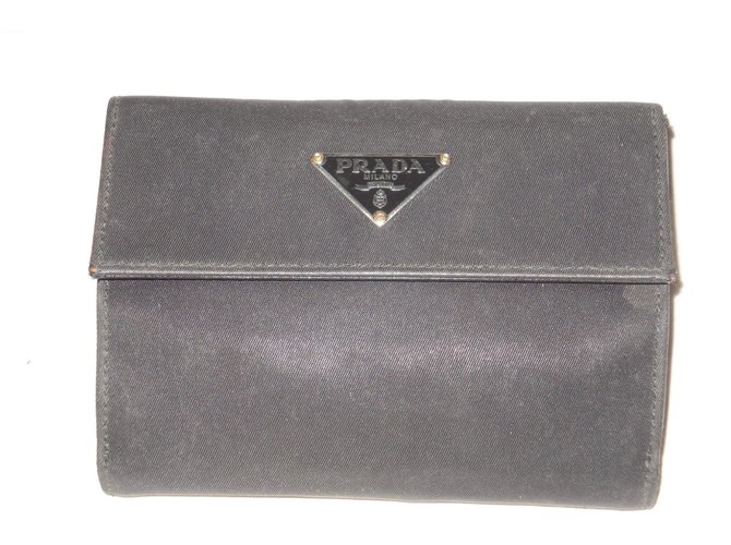 PRADA vintage wallet Black Leather Cloth  ref.104178