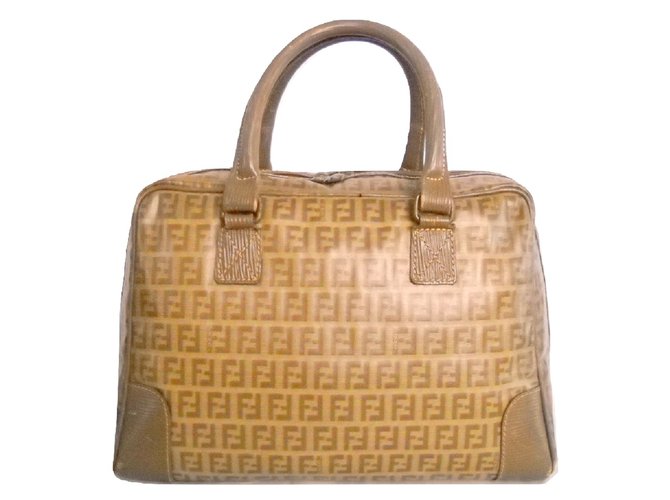 FENDI vintage handbag canvas coated Zucchino Beige Leather Synthetic Cloth  ref.104356