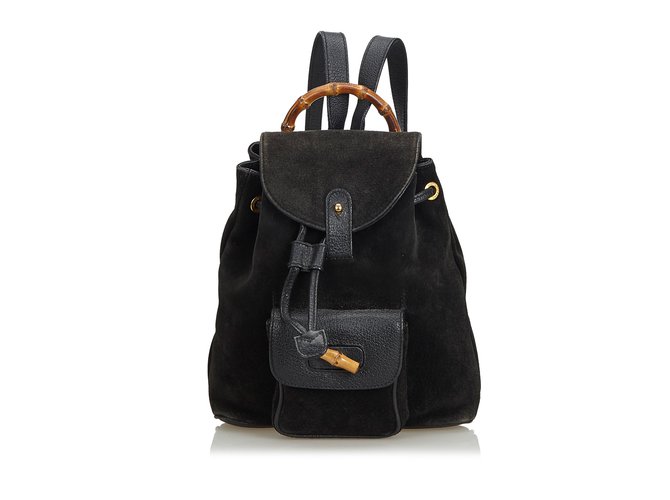 Gucci Bamboo Suede Drawstring Backpack Black Leather  ref.104527