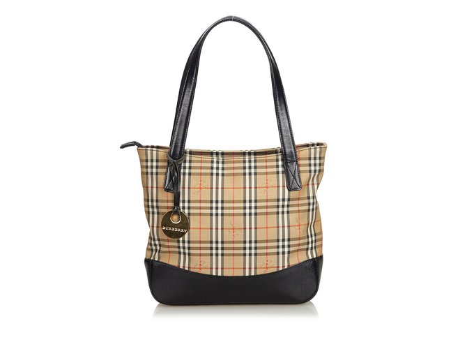 Burberry Plaid Canvas Tote Bag Brown Multiple colors Beige Leather Cloth Cloth  ref.104548