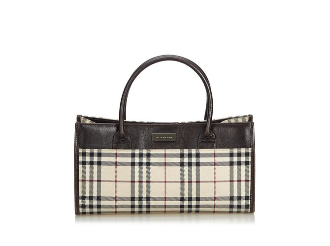 Burberry Plaid Coated Canvas Handbag Brown Multiple colors Beige Leather Cloth Cloth  ref.104770