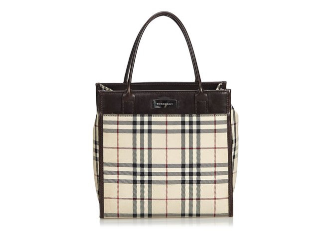 Burberry Plaid Coated Canvas Handbag Brown Multiple colors Beige Leather Cloth Cloth  ref.104802