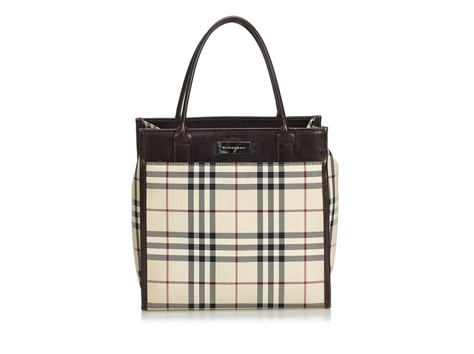 Burberry Sac à main en toile enduite Cuir Tissu Marron Multicolore Beige  ref.104802