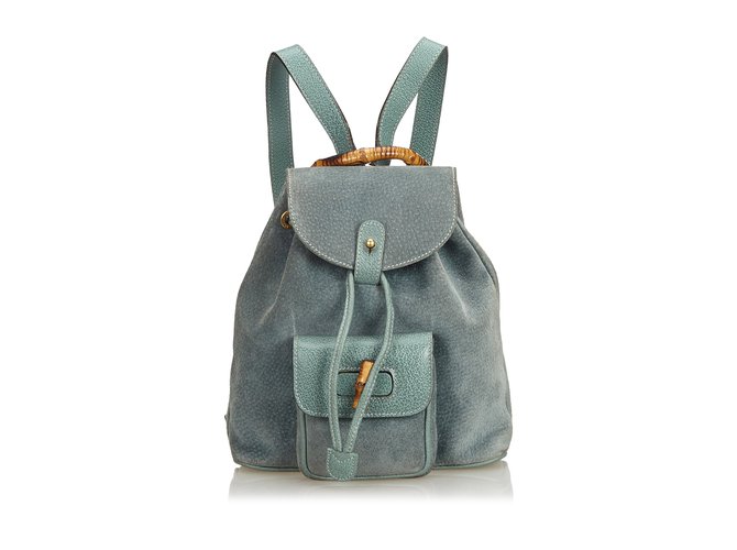 Gucci Bamboo Suede Drawstring Backpack Blue Light blue Leather  ref.104840