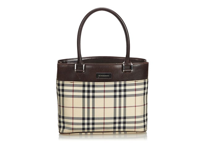 Burberry Plaid Coated Canvas Handbag Brown Multiple colors Beige Leather Cloth Cloth  ref.104871