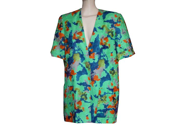 Autre Marque Giacca lunga in lino con stampa floreale verde Multicolore