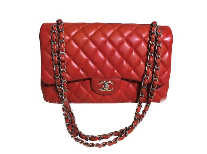 Timeless Chanel Red Jumbo zeitlose Tasche aus Lammfell Rot Leder  ref.105325
