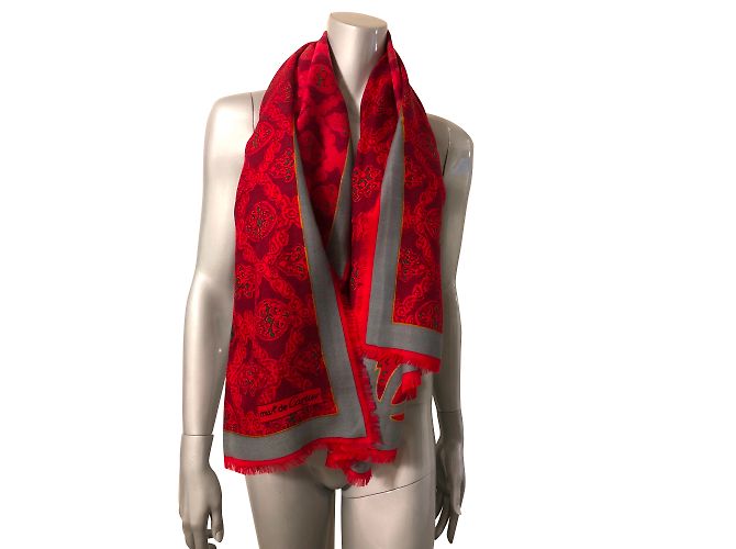 Sciarpa Must de Cartier Motivo Pantera Rossa e Grigia Lana Seta Rosso