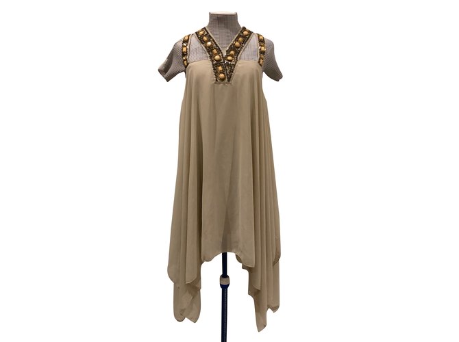 Autre Marque Beige neckline dress with pearls T.38 - 40 Golden Bronze Synthetic  ref.99584