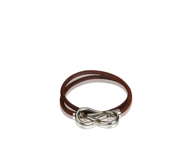 Hermès Bracelet infini en cuir Métal Marron Argenté  ref.99657