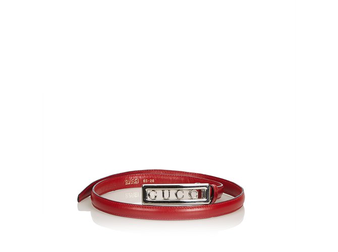 Gucci Leather Logo Belt Silvery Red Metal  ref.99665