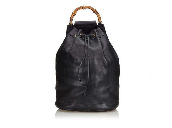 Gucci Bamboo Leather Drawstring Backpack Brown Black  ref.99672