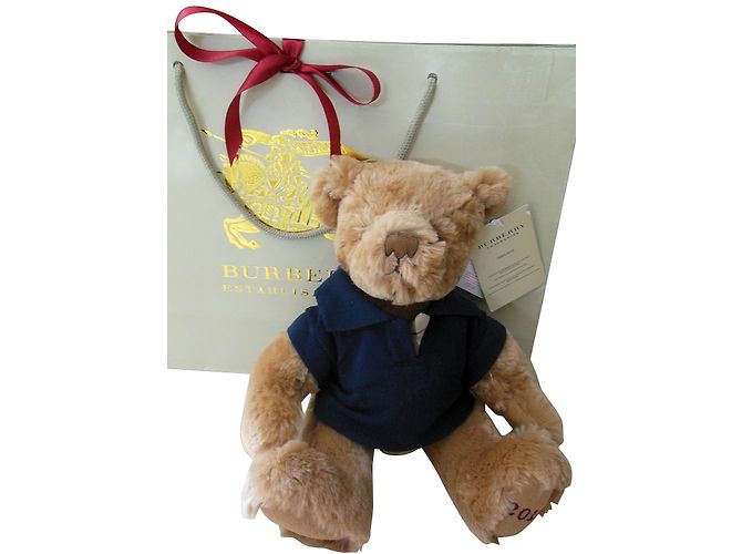 Burberry Teddy Bear with Navy Polo and Tartan Check Beige