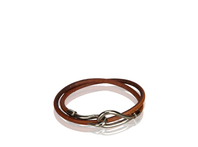 Hermès Jumbo Hook Double Tour Bracelet Brown Silvery Leather Metal  ref.99785